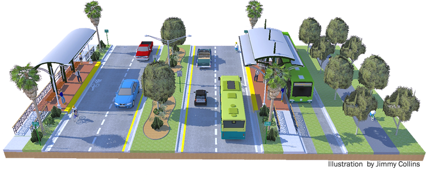 An illustration of a street with bus stations